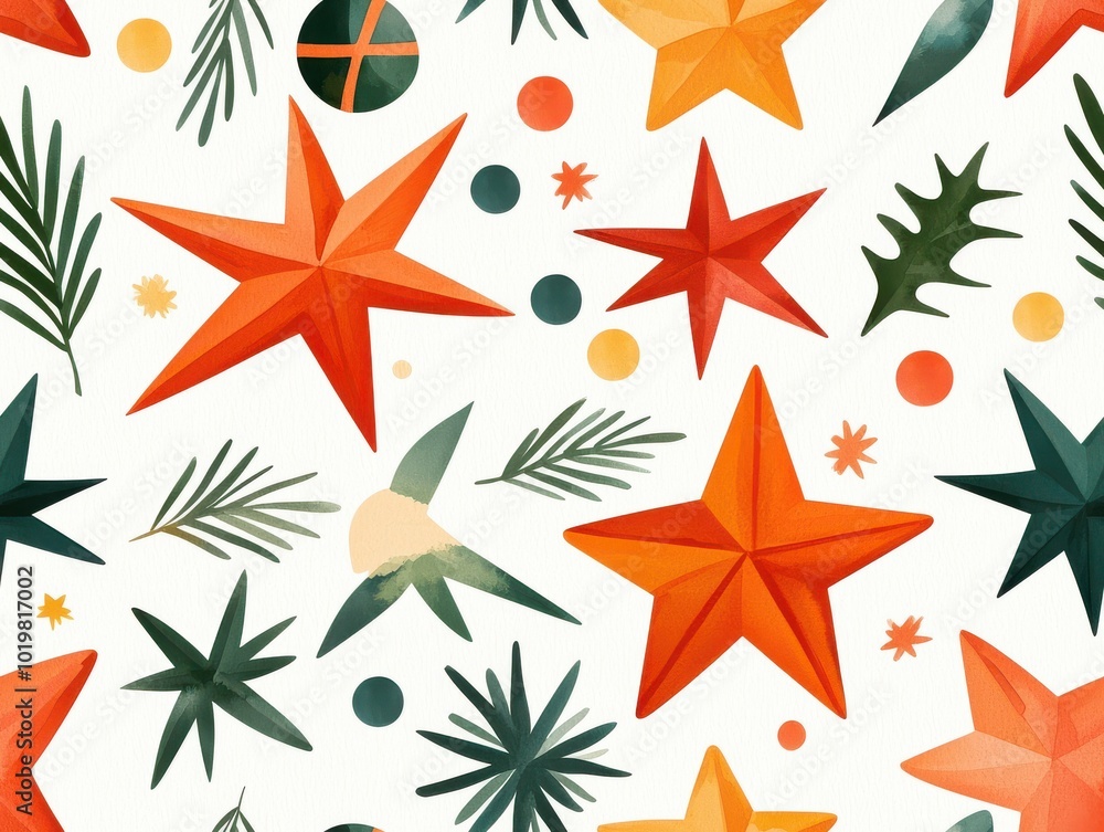 Obraz premium Colorful star and leaf pattern on a white background.,Seamless pattern