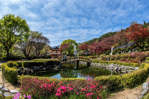 Tourists at Baeron Holy Ground, Jecheon-si, Chungcheongbuk-do, Korea - April 26, 2017: This is a village where believers in the early Korean churches hid from persecution and developed their faith.  photo