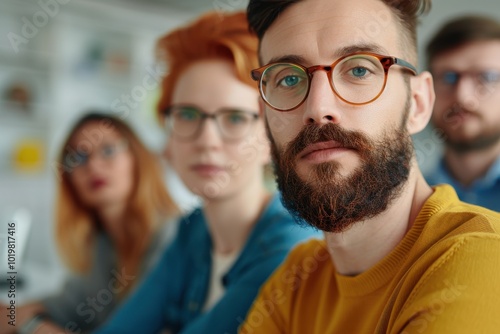 Group of young professionals wearing glasses in a casual office setting