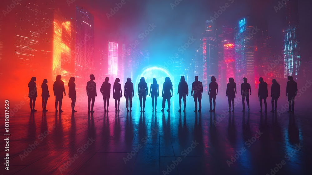 Silhouettes of a group standing in a circle under a glowing holographic light, symbolizing global equality, futuristic city background, neon tones, minimalist, sharp edges Silhouettes of a group standing in a circle under a glowing holographic light, symbolizing global equality, futuristic city background, neon tones, minimalist, sharp edges