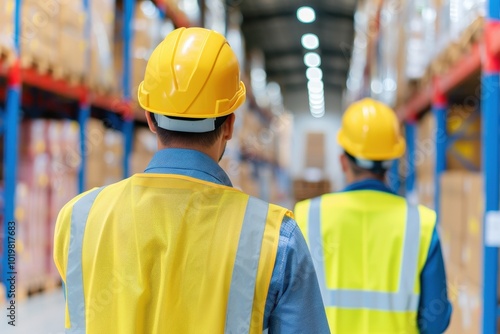 Warehouse employees wearing yellow safety vests and hard hats walking through storage aisles