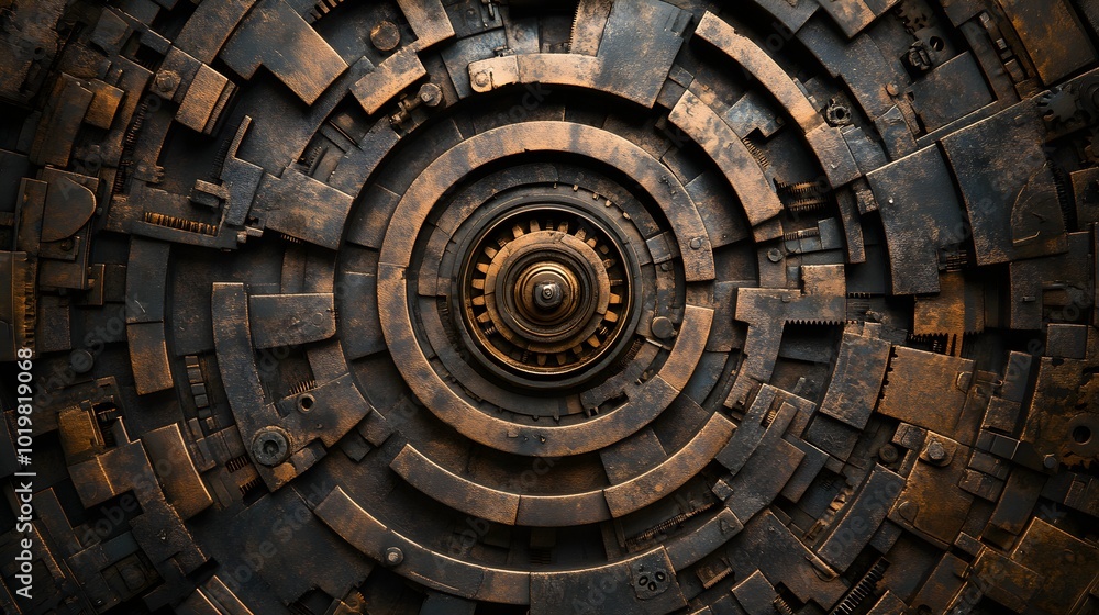 Steampunk-inspired labyrinth, gears and mechanical parts forming a circular path, sepia tones, intricate design, symbolic of self-discovery and enlightenment Steampunk-inspired labyrinth, gears and mechanical parts forming a circular path, sepia tones, intricate design, symbolic of self-discovery and enlightenment