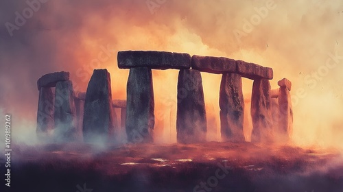 Stonehenge-like circle, cloaked in dense mist, ancient and untouched, fantasy, watercolor, soft pastels, mysterious atmosphere, otherworldly photo