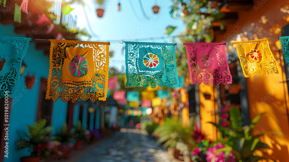 Colorful Paper Flags in a Festive Street Setting - Illustration Colorful Paper Flags in a Festive Street Setting - Illustration