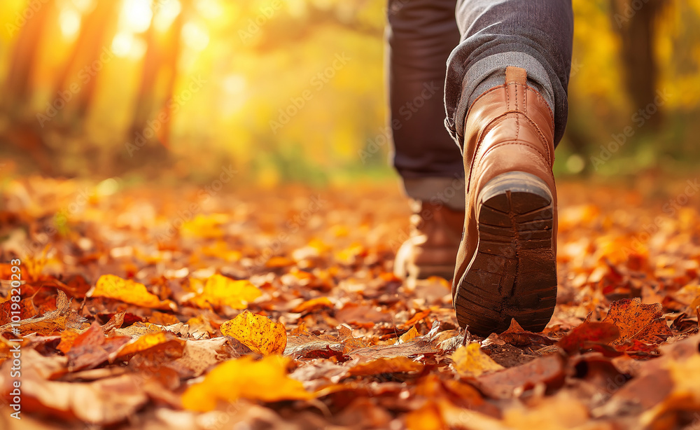 Close-up of a person walking on fallen autumn leaves in a forest during a sunny day. Close-up of a person walking on fallen autumn leaves in a forest during a sunny day.