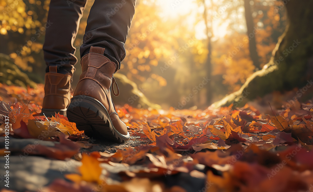 Close-up of a person walking on fallen autumn leaves in a forest during a sunny day. Close-up of a person walking on fallen autumn leaves in a forest during a sunny day.