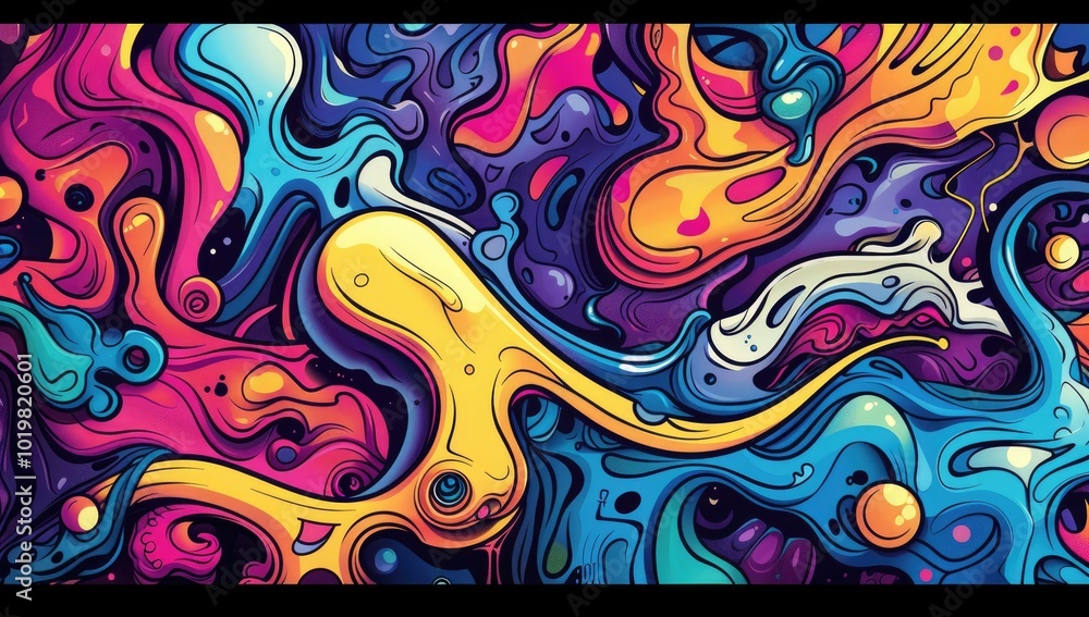 Fototapeta premium A vibrant cartoon-style graffiti pattern featuring abstract shapes and characters, with bold colors and dynamic lines creating an energetic atmosphere, focusing on faces.