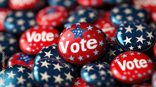 Close-up of red, white, and blue pinback buttons with the word 