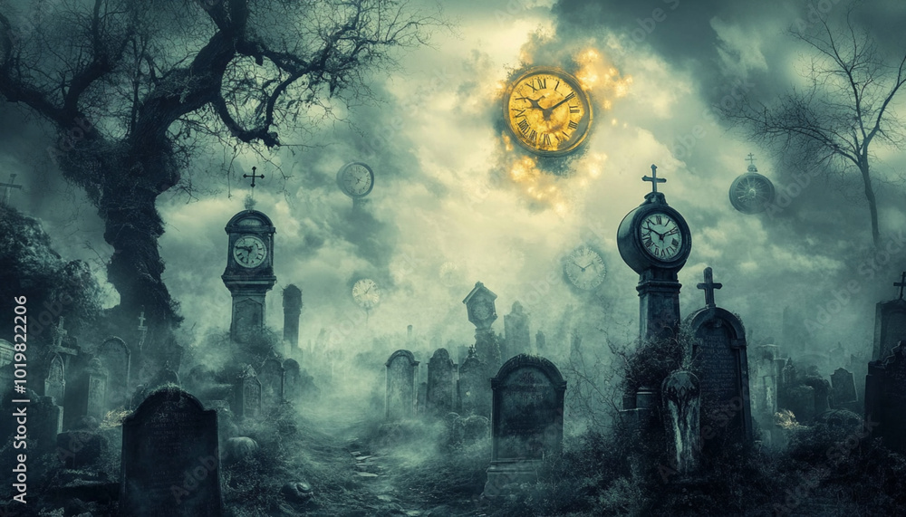 spooky grave yard with clock tower in the night of the dawn