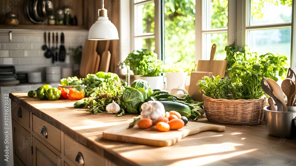 Fresh Vegetables on a Kitchen Countertop. Fresh Vegetables on a Kitchen Countertop.