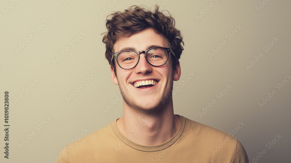 Fototapeta premium A smiling young man wearing glasses and a white t-shirt against a plain light background.