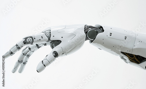 A robotic arm with advanced mechanics and sleek white design reaching forward.