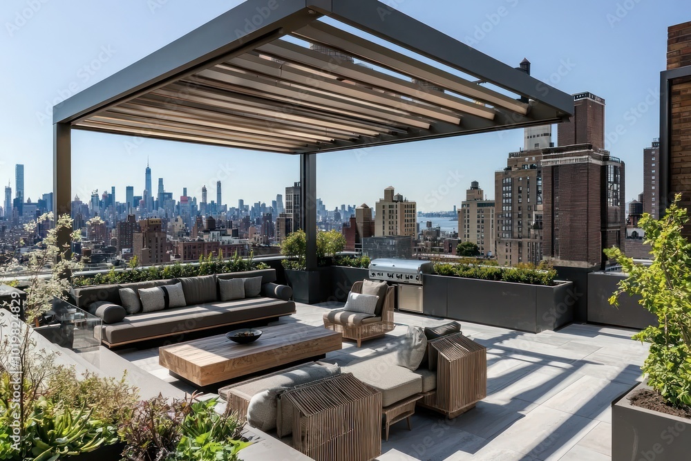 Chic rooftop terrace with a modern pergola and seating overlooking the cityscape.