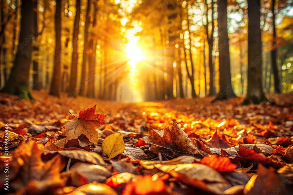 Autumn forest with falling leaves and sunlight Autumn forest with falling leaves and sunlight