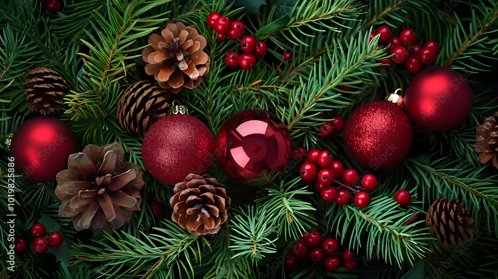 festive arrangement featuring red ornaments, pine cones, and vibrant greenery creates charming Christmas holiday background. This scene evokes warmth and joy during holiday season festive arrangement featuring red ornaments, pine cones, and vibrant greenery creates charming Christmas holiday background. This scene evokes warmth and joy during holiday season