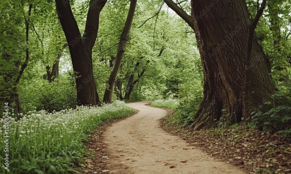 Obraz premium A winding dirt path through a lush green forest.