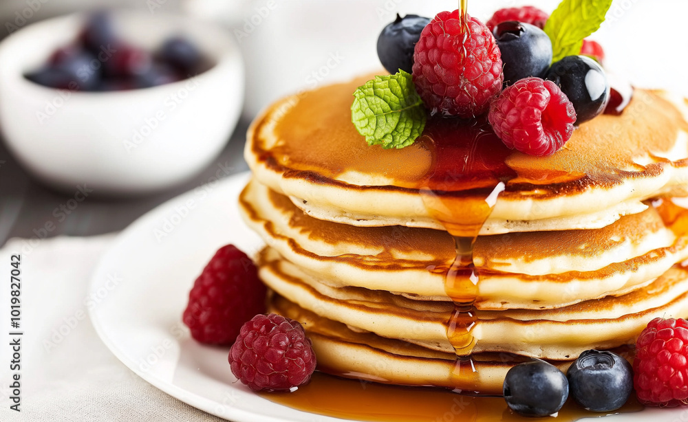A stack of pancakes drizzled with syrup and topped with fresh berries and mint leaves. A stack of pancakes drizzled with syrup and topped with fresh berries and mint leaves.