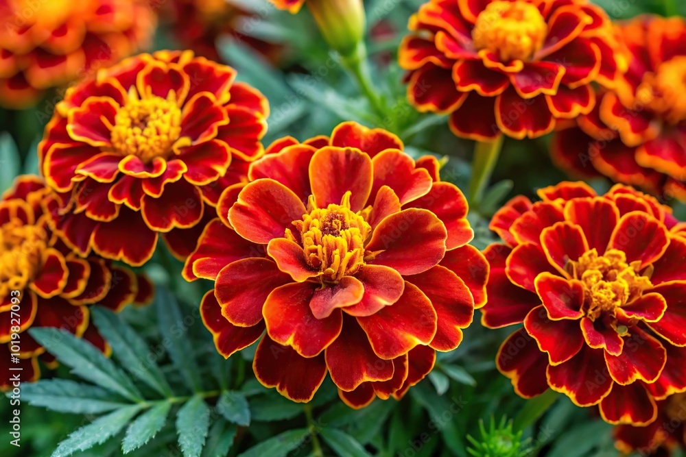 Blooming marigold flowers with crimson petals and yellow pollen from high angle view Blooming marigold flowers with crimson petals and yellow pollen from high angle view