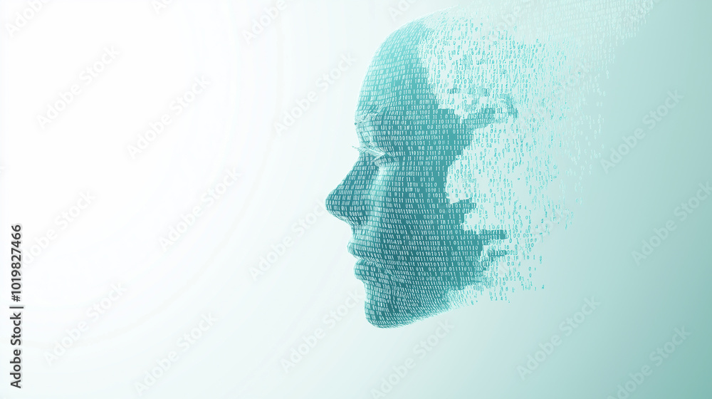 Obraz premium A digital face made of binary code, representing artificial intelligence and data. 