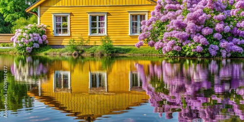 Blooming lilac bush and yellow wooden house facade reflected in water