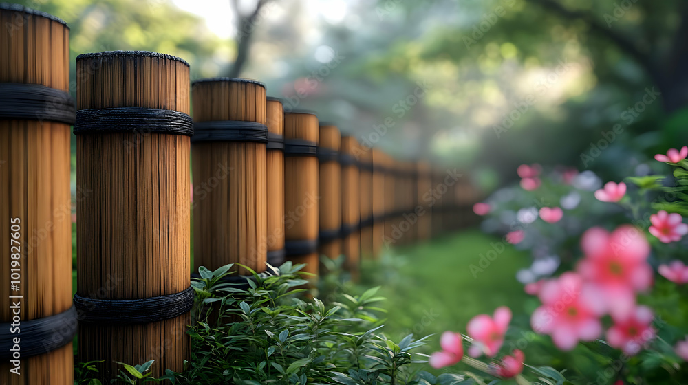 Wooden Fence with Black Bands in a Green Garden - 3D Illustration Wooden Fence with Black Bands in a Green Garden - 3D Illustration