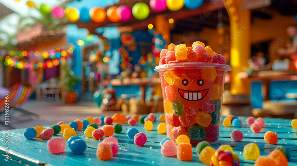 Fototapeta premium Colorful Gummy Candies in Plastic Cup on Blue Table with Party Lights in Background - Realistic Image