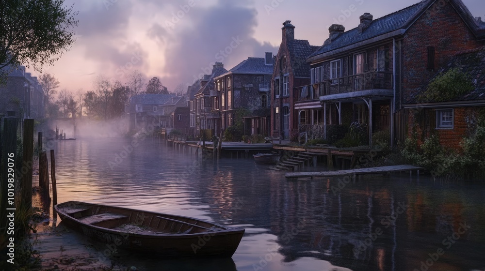 Fototapeta premium Foggy canal, old houses, wooden boat.
