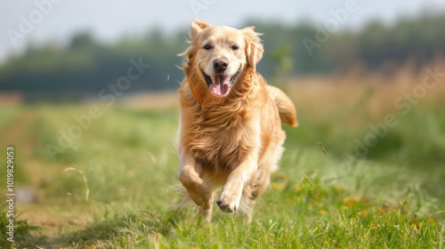 Golden Retriever Running Through a Field photo