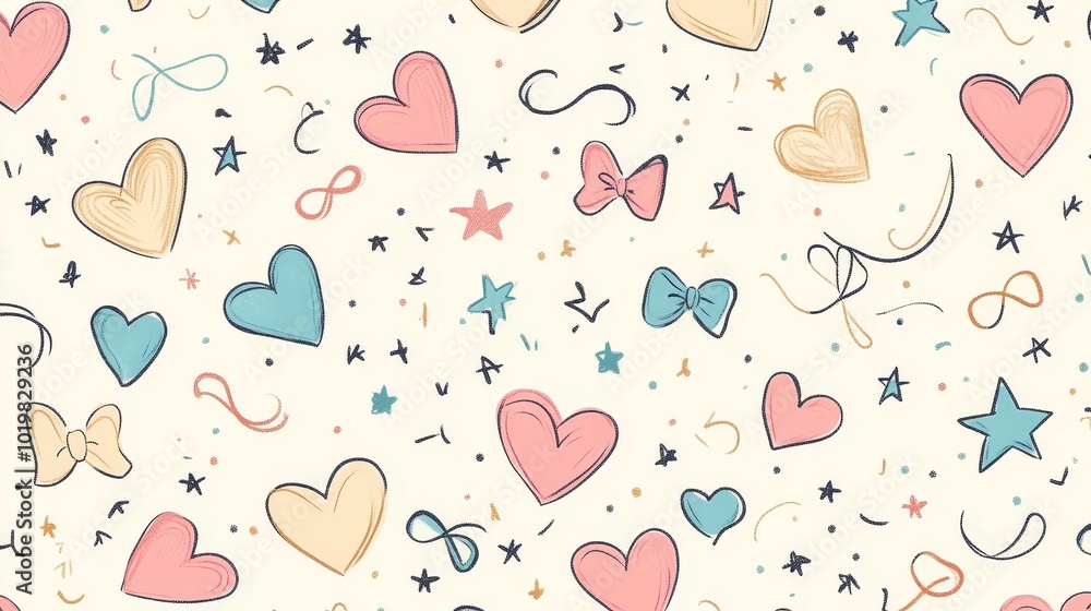 Seamless pattern, including soft heart, star, and vortex patterns, mixed with delicate ribbon and bow graffiti, using soft and warm tones to create a sweet and simple design style. Seamless pattern, including soft heart, star, and vortex patterns, mixed with delicate ribbon and bow graffiti, using soft and warm tones to create a sweet and simple design style.