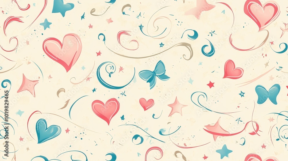 Seamless pattern, including soft heart, star, and vortex patterns, mixed with delicate ribbon and bow graffiti, using soft and warm tones to create a sweet and simple design style. Seamless pattern, including soft heart, star, and vortex patterns, mixed with delicate ribbon and bow graffiti, using soft and warm tones to create a sweet and simple design style.