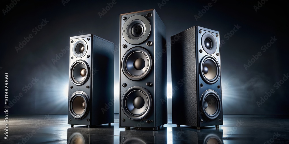 Obraz premium Multimedia acoustic sound speakers with two satellites and subwoofer on dark background , sound speakers