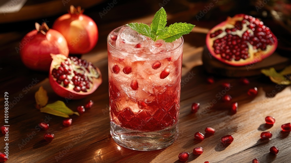 A refreshing glass of pomegranate juice with ice and mint garnish, set on a wooden table with fresh pomegranates and seeds scattered around