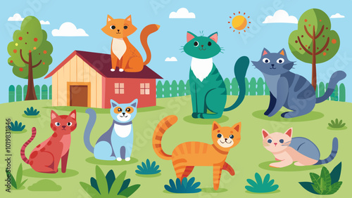 Cat different poses in yard Vector Illustration. stock illustration