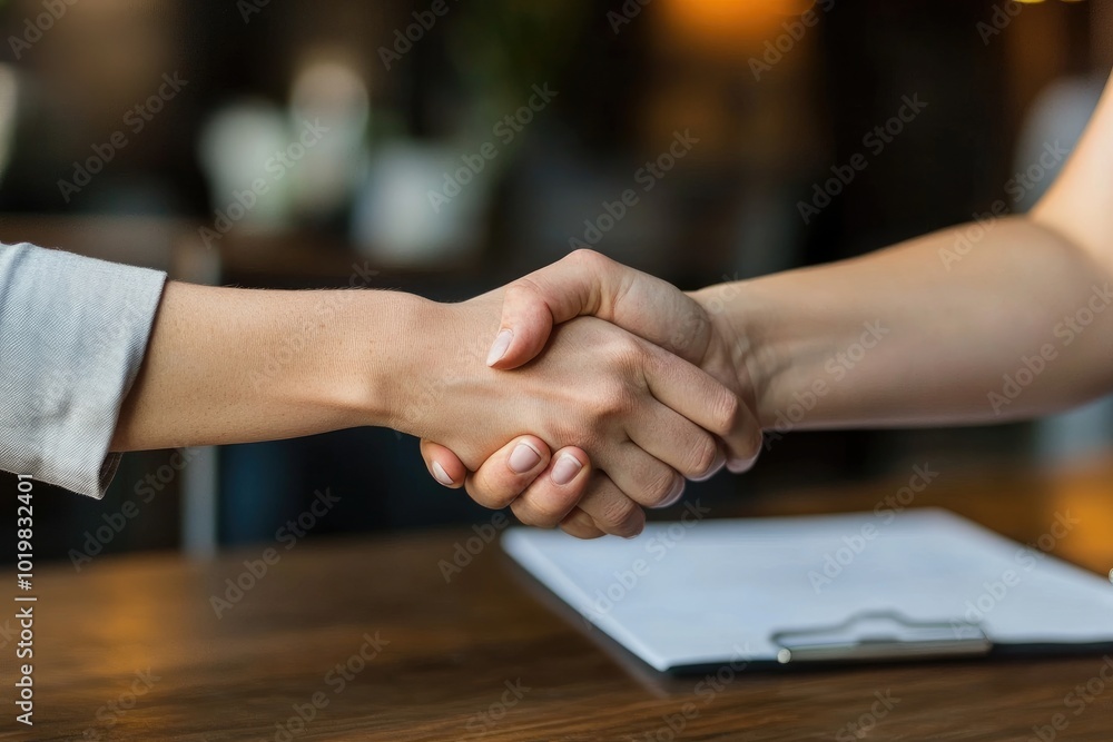 Close-up of Two People Shaking Hands Over a Table Close-up of Two People Shaking Hands Over a Table