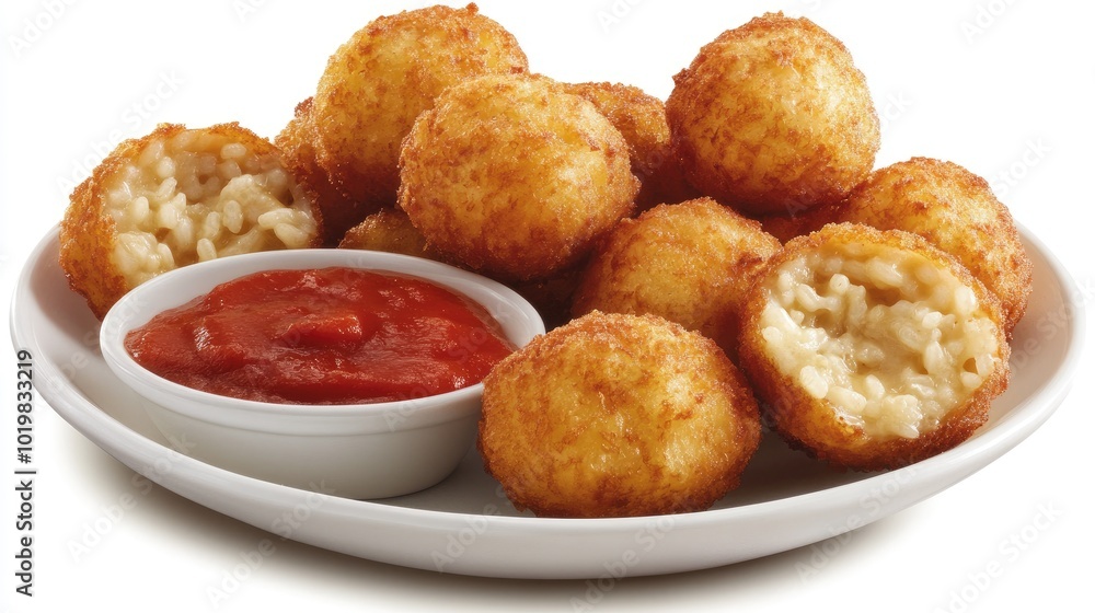 A serving of golden-brown arancini, crispy on the outside and filled with gooey cheese and risotto, served with marinara sauce - A serving of golden-brown arancini, crispy on the outside and filled with gooey cheese and risotto, served with marinara sauce -