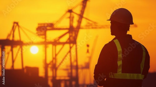 Port workers directing crane to load cargo containers 