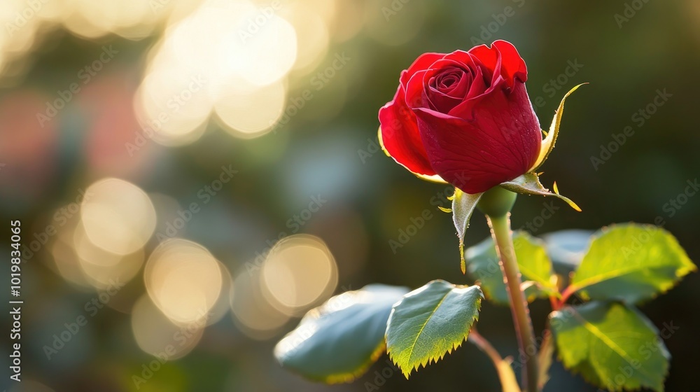 Obraz premium A single red rosebud beginning to bloom, with soft, velvety petals glowing in the morning sunlight, against a backdrop of green leaves --chaos 10