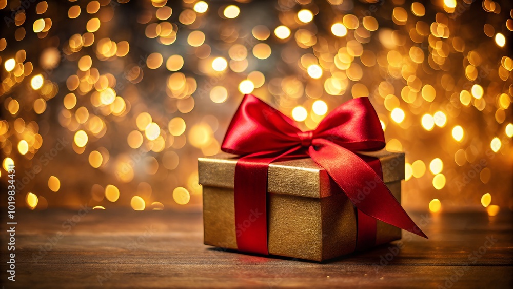 Vibrant gift box with a red bow shines beautifully against dark golden bokeh lights, symbolizing love and celebration. Vibrant gift box with a red bow shines beautifully against dark golden bokeh lights, symbolizing love and celebration.