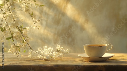 A Cup of Tea with Blooming Flowers in the Sunshine