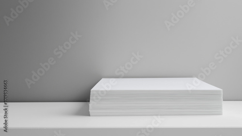 A minimalist arrangement of white pages stacked on a surface with soft light and shadows.