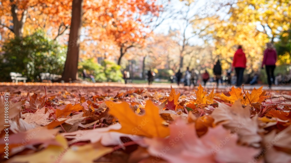 Autumn Leaves in a Park with Blurred People in the Background Autumn Leaves in a Park with Blurred People in the Background