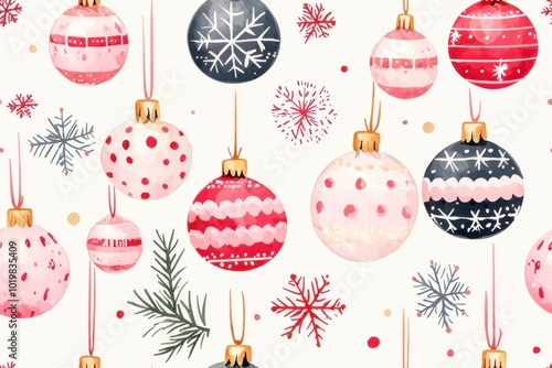 Colorful Christmas ornaments on a festive background.,Seamless pattern