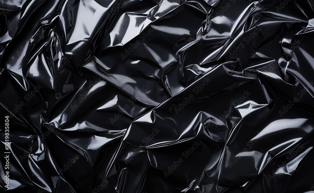 A wrinkled and glossy black plastic material forming abstract patterns and textures. A wrinkled and glossy black plastic material forming abstract patterns and textures.