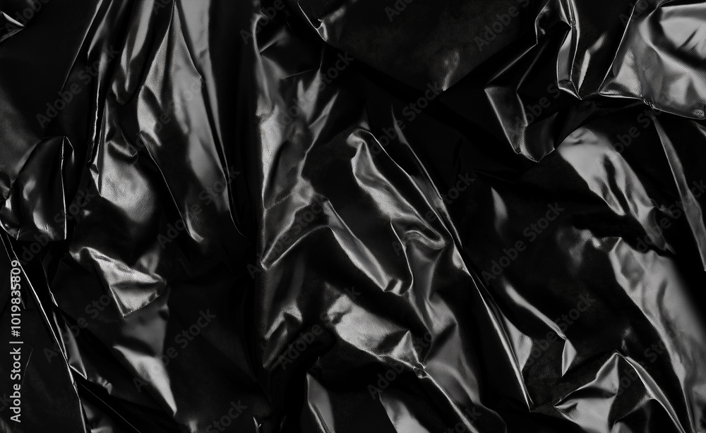 A wrinkled and glossy black plastic material forming abstract patterns and textures. A wrinkled and glossy black plastic material forming abstract patterns and textures.