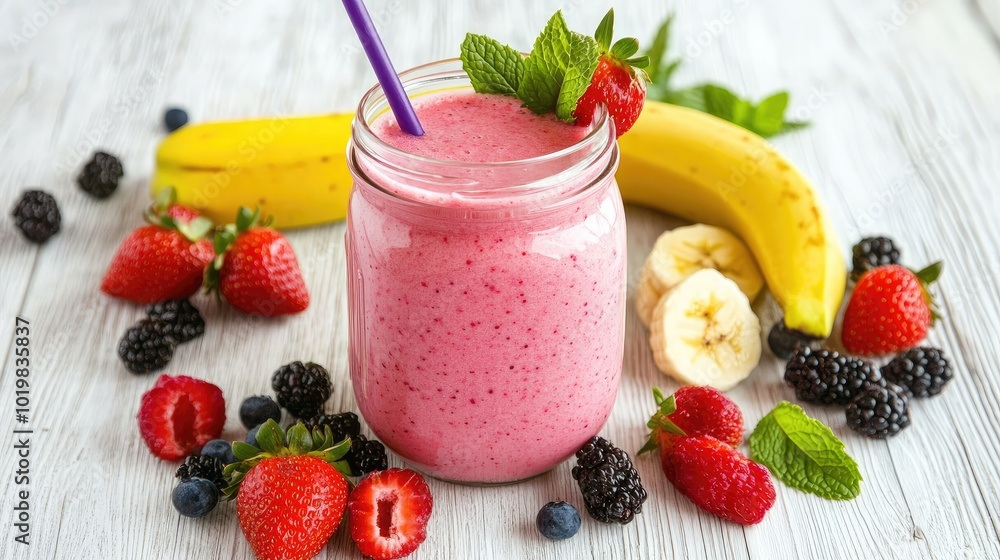 A strawberry banana smoothie served in a mason jar with a paper straw, placed on a white wooden table with fresh fruits and mint leaves A strawberry banana smoothie served in a mason jar with a paper straw, placed on a white wooden table with fresh fruits and mint leaves