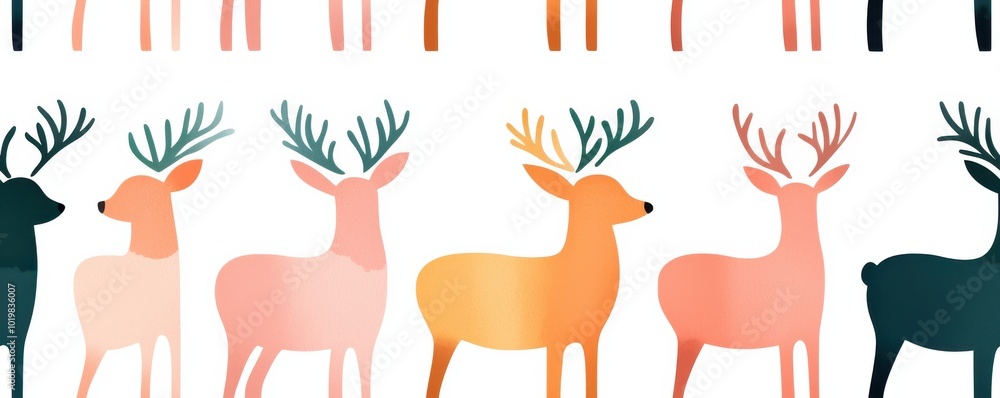 Colorful deer silhouettes on a white isolated background,Seamless pattern Colorful deer silhouettes on a white isolated background,Seamless pattern