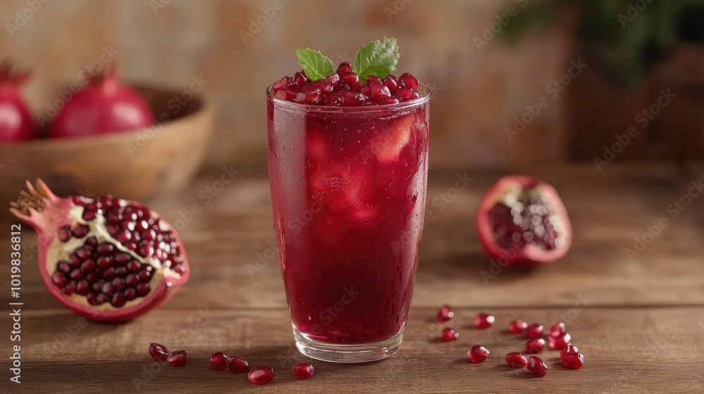 A tall glass of freshly squeezed pomegranate juice with vibrant ruby color, placed on a wooden table with scattered pomegranate seeds around - A tall glass of freshly squeezed pomegranate juice with vibrant ruby color, placed on a wooden table with scattered pomegranate seeds around -