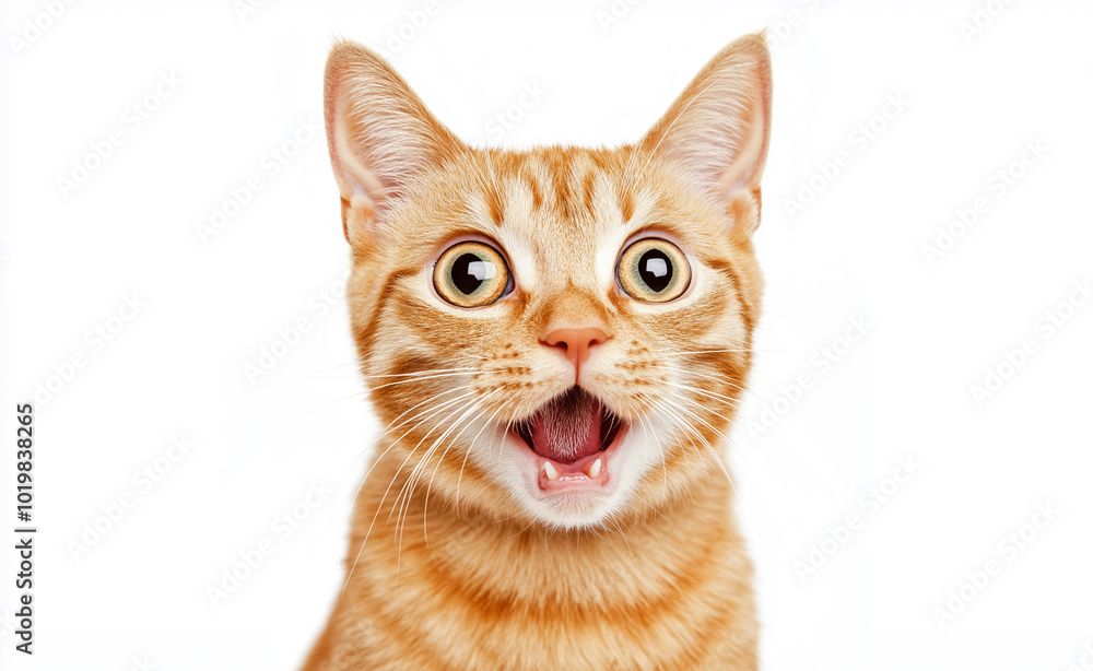 A surprised orange tabby cat with wide-open eyes and mouth on a white background. A surprised orange tabby cat with wide-open eyes and mouth on a white background.