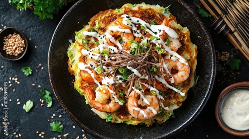 A top-down view of a traditional okonomiyaki pancake topped with cabbage, shrimp, and pork, garnished with bonito flakes and drizzled with mayonnaise