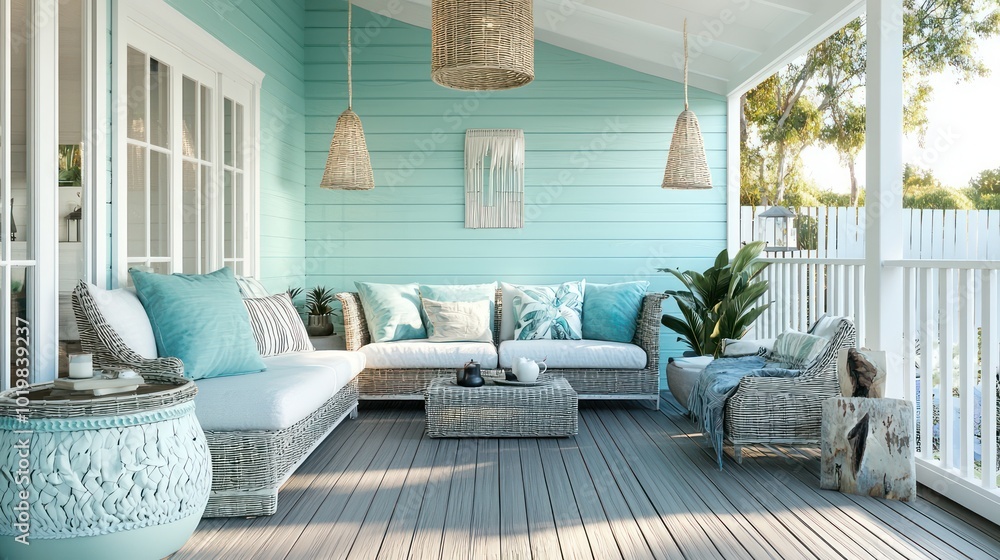 Luxurious furnishings on a weatherboard deck enhance a coastal veranda's retro beach hut.
